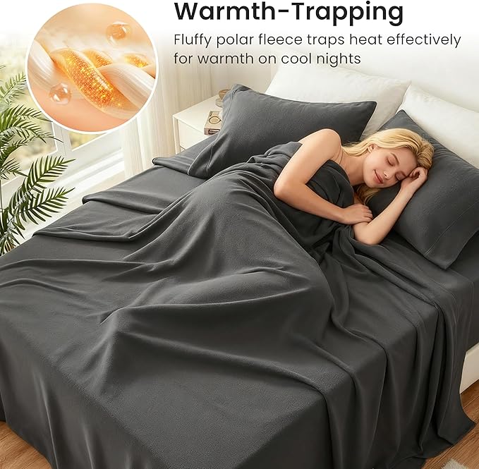 Love's cabin Fleece Twin Sheet Set - 3 Pcs Dark Grey Super Soft Plush Polar Fleece Bed Sheets Set with 16" Deep Pocket,Cozy Warmth for Cold Season(1 Flat Sheet,1 Fitted Sheet,1 Pillow Case)