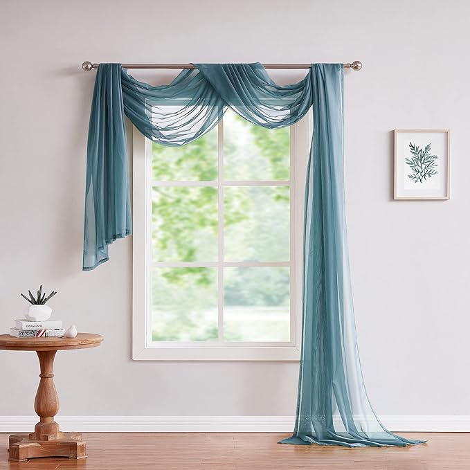 Medium Length 55" (W) x 144" (L) Dusty Blue Sheer Window Scarf. Voile Window Treatments are Perfect As Valance Scarves As Well As Bed Canopy Or Wedding Decoration. AMA 56" x 144" Dusty Blue