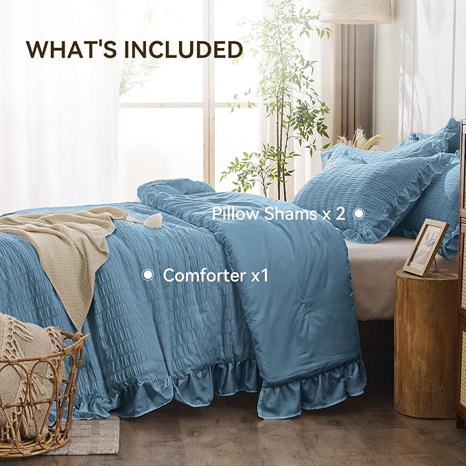 JOLLYVOGUE King Size Comforter Set, 3 Pieces Sea Blue Seersucker Comforters King Size, Lightweight & Fluffy Bedding Sets King for All Season with 1 Ruffle Comforter and 2 Ruffle Pillowshams