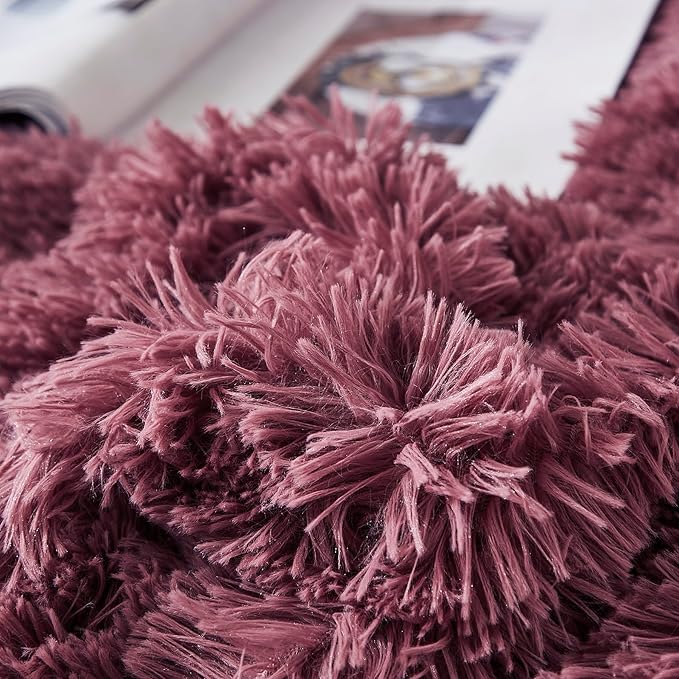 Uhamho Faux Fur Velvet Fluffy Bedding Duvet Cover Set Down Comforter Quilt Cover with Pillow Shams, Ultra Soft Warm and Luxury (King, Dusty Rose)