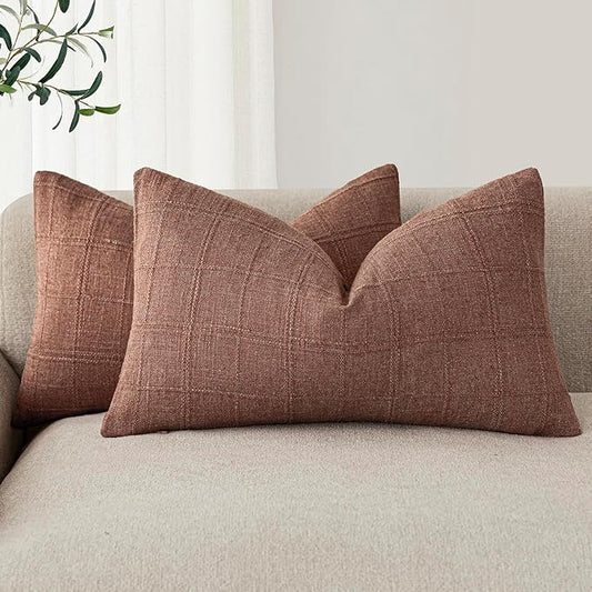 Foindtower Set of 2 Decorative Linen Check Throw Pillow Covers Neutral Farmhouse Lumbar Cushion Covers Modern Boho Home Decor for Sofa Chair Couch Bedroom Living Room,12×20 Inch,Autumnal Red