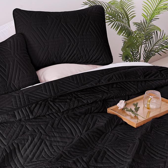 Whale Flotilla Soft Twin Size Quilt Set for All Seasons, 2-Piece Ultrasonic Geometric Quilts Bedding Set, Lightweight Reversible Bedspread, Coverlet, Bed Cover with Pillow Sham, Black
