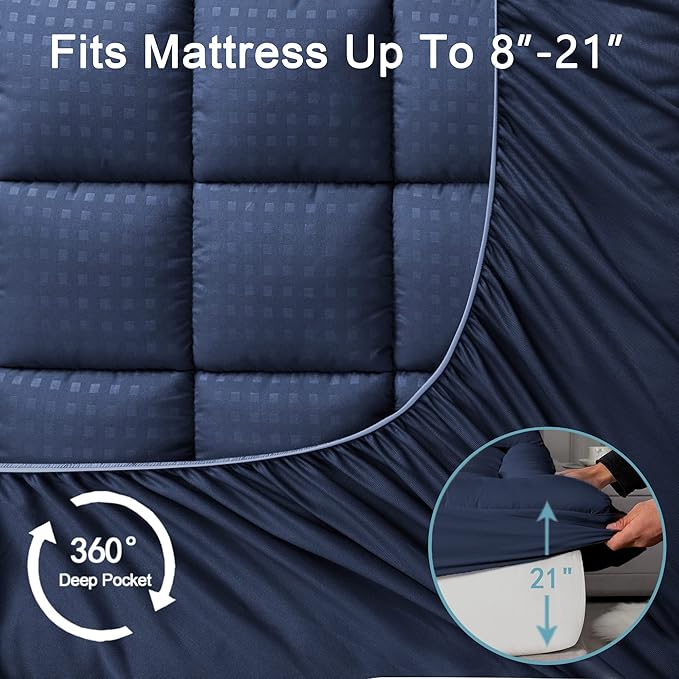 HYLEORY King Mattress Pad Quilted Fitted Mattress Protector Cooling Pillow Top Mattress Cover Breathable Fluffy Soft Mattress Topper with 8-21" Deep Pocket, Navy