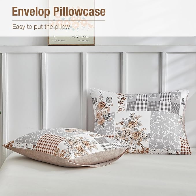 Lekesky Queen Size Duvet Cover Set, Patchwork Floral 3 Pieces Reversible Duvet Grey Cover Set, Ultra-Soft Microfiber 3 Pieces Comforter Cover with Zipper and Corner Ties, Includes 2 Pillowcases