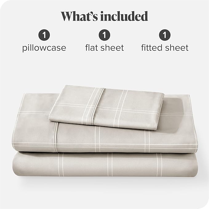 Bare Home Twin XL Sheet Set - College Dorm Size - 1800 Ultra-Soft Microfiber - Deep Pockets - Easy Fit - 3 Piece Set - Bed Sheets (Twin XL, Modern Plaid - Stone/White)