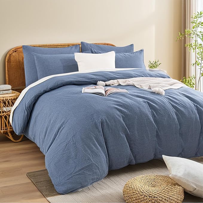 NEXHOME PRO Duvet Cover Queen 100% Washed Cotton, Organic Natural Linen Like Textured, Breathable, Durable, Home Bedding Set, Heathered Blue 9090
