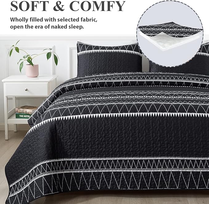 Andency Black Twin Quilt Set, 2 Pieces Boho Lightweight Soft Striped Bedspread for All Season (68"x86"), Printed Bohemian Microfiber Reversible Coverlet Comoforter Sets