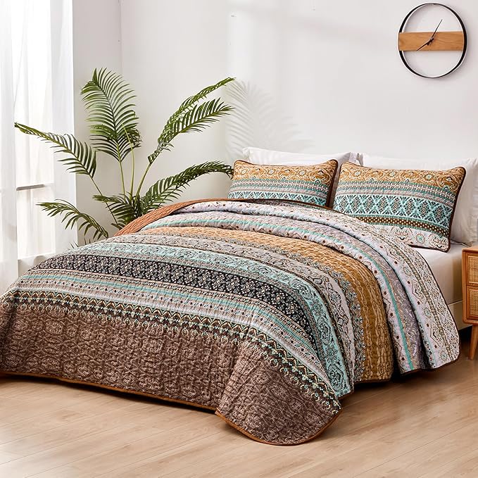 WONGS BEDDING Boho Fall Queen Quilt Set, Brown Bohemian Queen Quilt Bedding Set, Lightweight Microfiber Bed Decor Bedspread for All Season 96"x90"(3 Pieces)