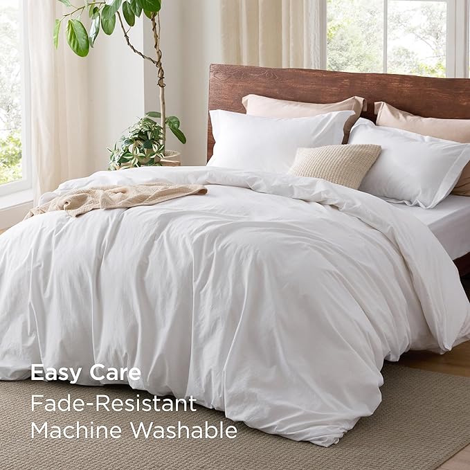 Bedsure 100% Washed Cotton Duvet Cover Twin - Bright White Minimalist Cotton Duvet Cover Linen Like for All Seasons - GentleSoft™ Plain Simple Bedding (Bright White, Twin, 68"x90")