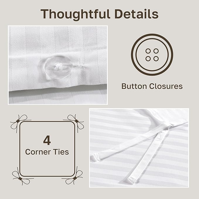 California Design Den Stripe Duvet Cover Queen Size, 400 Thread Count Sateen 100% Cotton Comforter Cover, 2 Pillow Shams, 3-Pc Bedding Set, Button Closure, Corner Ties (White Stripes, Full/Queen)