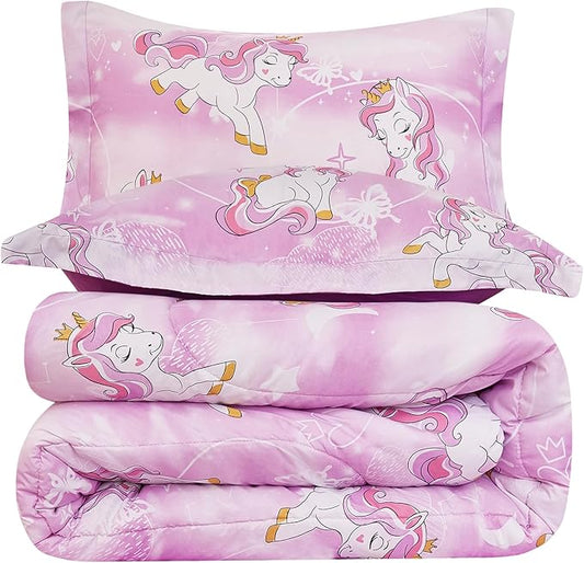 Yibeizi Unicorn Kids Comforter Set for Girls Full Size, Cute Quilted Lavender Printed Bedding Set with Pillow Sham, Lightweight Soft Breathable Machine Washable Bed Set 3 Piece