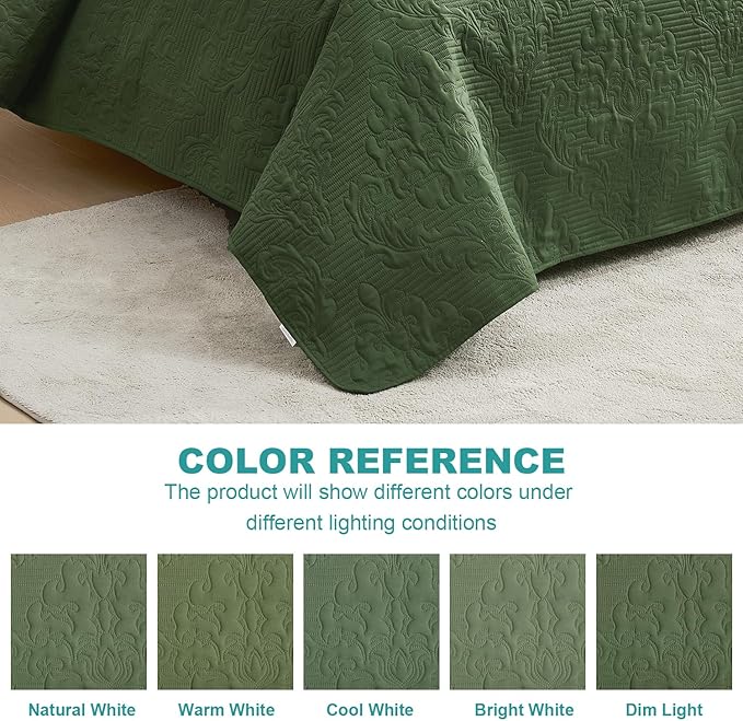 Hansleep Olive Green Quilt Twin Size - Damask Ultrasonic All Season Bedspread Twin, Soft Lightweight Coverlet Bedding Set, 2 Piece (1 Quilt, 1 Pillow Shams)