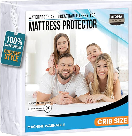 Utopia Bedding Waterproof Mattress Protector Crib Size, Premium 200 GSM Terry Mattress Cover, Soft & Breathable Bed Cover, Fitted Sheet Style with Stretchable Deep Pockets 5" (White)