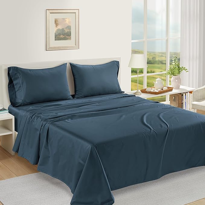 LANE LINEN 100% Egyptian Cotton Twin Sheets Set, Soft & Comfy Sateen Weave No Pill Mercerized Cotton Sheets, Fully Elasticized Reinforced French Seam Fitted Twin Bedding – Dark Denim
