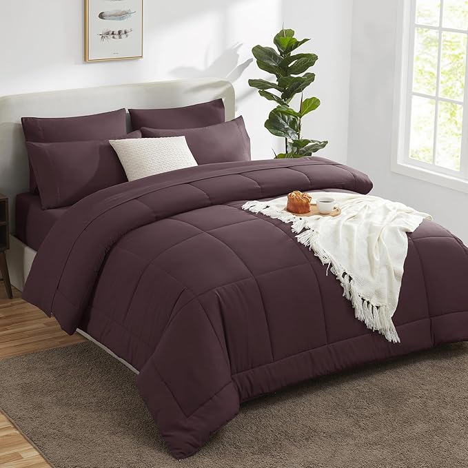 CozyLux Queen Size Comforter Sets Cocoa Powder, 7 Pieces Bed in a Bag, Cocoa Powder Comforter Queen Size, All Season Bedding Sets with Stitch Quilted Comforter, Flat Sheet, Fitted Sheet, Pillowcases