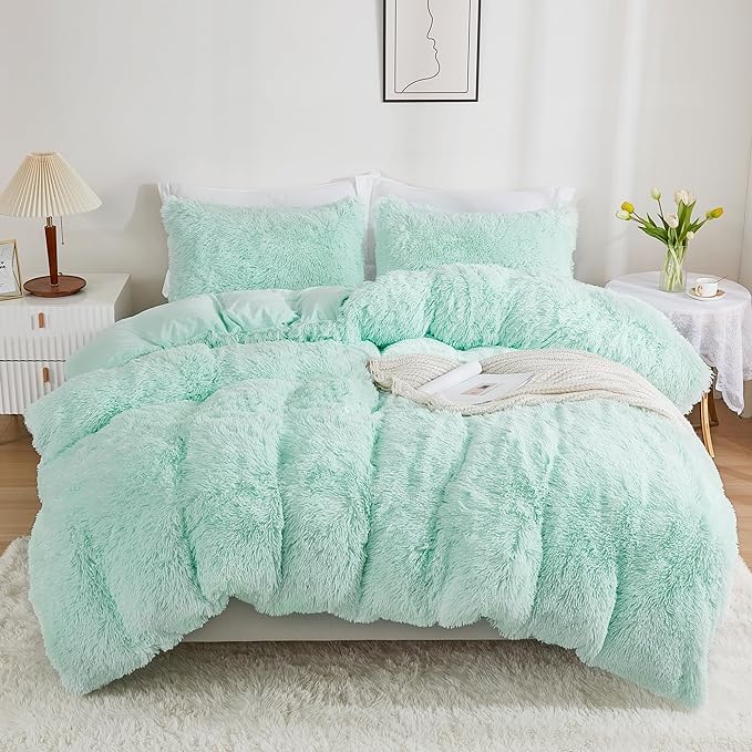annadaif Fluffy Duvet Cover Full Size, Aqua Green Plush Shaggy Faux Fur Comforter Cover Velvet Bedding Set with Zipper Closure(1 Duvet Cover, 2 Pillowcases)