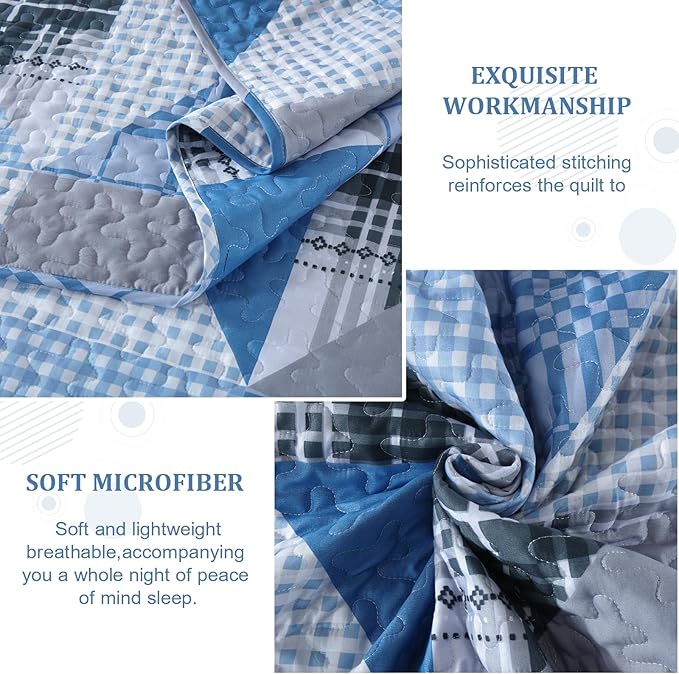 Annibedding Blue Quilt Queen Size, Plaid Patchwork Bedspread Coverlet Set with 2 Pillow Shams, Soft Microfiber Farmhouse Bedding Quilt Set for All Season (Queen, 96''x90'')
