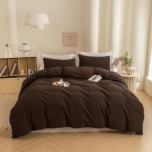 ECOCOTT Duvet Cover Queen Size -100% Washed Cotton Linen Like Textured Breathable Durable Soft Comfy Bedding Set with Zipper Closure & Corner Ties Chocolate Brown