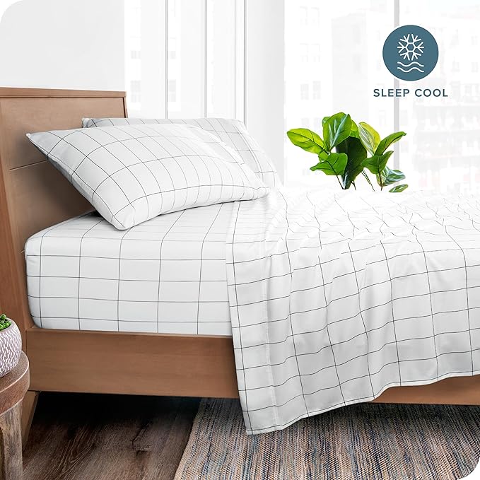 Bare Home Twin XL Sheet Set - College Dorm Size - Premium 1800 Ultra-Soft Microfiber Twin Extra Long Sheets - Double Brushed - Sheets Set - Deep Pocket - Bed Sheets (Twin XL, Grid - White/Grey)