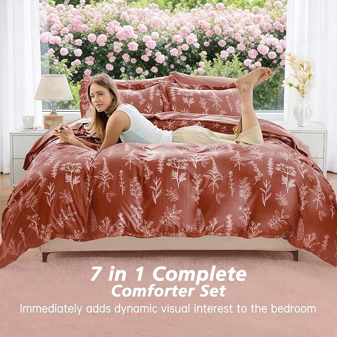 MUXHOMO Terracotta Bed in a Bag Queen 7 Pieces, Queen Comforter Set Reversible Botanical Flowers Design, Ultra Soft & Breathable Bedding Sets with Comforter, Sheets, Pillowcases & Shams
