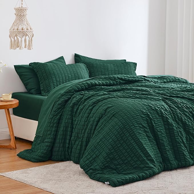 Love's cabin Seersucker Dark Green California King Comforter Set, 7-Piece All Season Lightweight Bed in a Bag Bedding Set with Comforter, Flat Sheet, Fitted Sheet, Pillowcases and Shams | Soft, Breathable, Lightweight