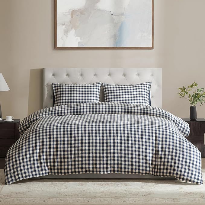 DAPU Linen Duvet Cover King,Yarn Dyed Gingham Check Plaid 100% Washed Linen Bedding with Envelope Closure,3 PCs Soft Linen Duvet Cover Set, Geometric Checkered Pattern in Navy Blue & White,King Size