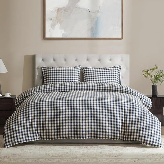 DAPU Linen Duvet Cover King,Yarn Dyed Gingham Check Plaid 100% Washed Linen Bedding with Envelope Closure,3 PCs Soft Linen Duvet Cover Set, Geometric Checkered Pattern in Navy Blue & White,King Size