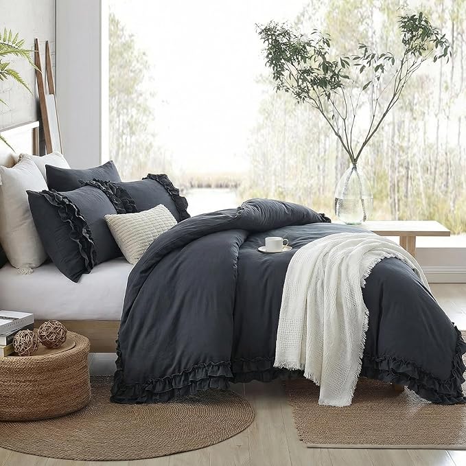 Bedorm Navy Ruffle Duvet Cover Vintage King Bedding Set Navy Blue Lace Fringe Ruffled Bedroom Decor Shabby Chic Boho Comforter Cover with Pillowcases