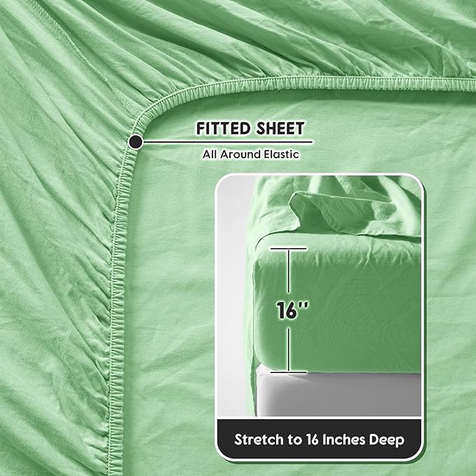 SONORO KATE 100% French Pure Linen Sheets, Breathable and Durable Linen Sheets, Anti-Tear Linen Bed Sheets, Machine Washable, 16 Inch Deep Pocket - 4 Piece (Green, California King)