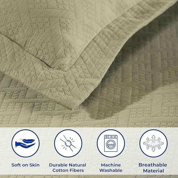 Superior 3 Piece Basketweave Cotton Bedspread Set, Home Bed Decor, Decorative Bed Spread, 2 Pillow Shams, Medium Weight Blanket, Matelasse Coverlet Bedding, Geometric Lattice Pattern, King, Sage