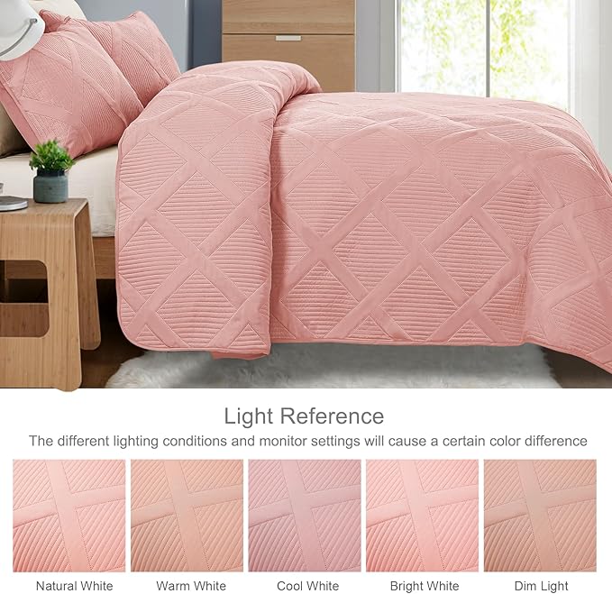 Exclusivo Mezcla Oversized King Quilt Set- Blush Pink Cal King Quilts Bedding Set with 2 Pillow Shams, Modern Bedspread with Striped Pattern, Soft Lightweight Bedspreads Coverlets for All Seasons