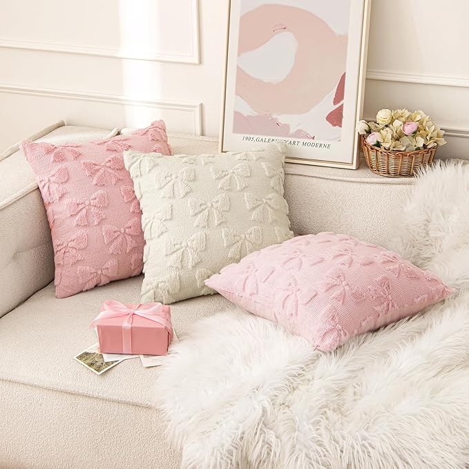MIULEE Beige Bow Pillow Covers Coquette Room Decor Aesthetic Set of 2 Decorative Cute Girl Vlentine Pillow Covers Spring Soft Plush Faux Pillowcase for Preppy Room Decor Bedroom Couch,18x18 Inch