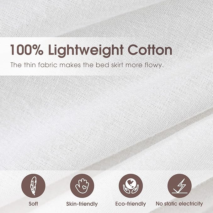 Full Size 21" Drop - White Lightweight Cotton Bed Skirt with Crochet Trim - Dust Ruffle with Split Corner - Soft, Elegant, Breathable Bedding Accessory