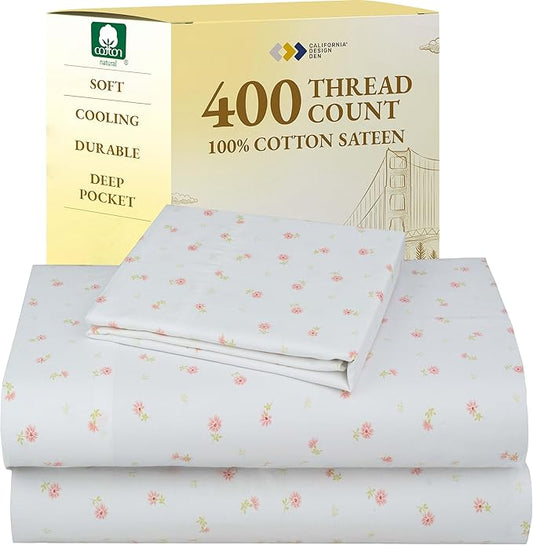 California Design Den Deep Pocket Twin Sheets Set - 400 Thread Count Sateen, Natural 100% Cotton Sheets, and Durable Bedding Set - Soft Floral