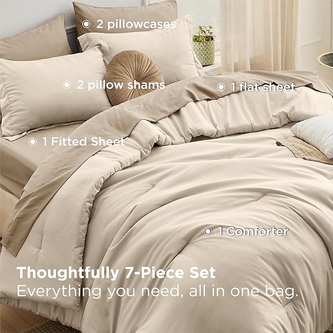 Bedsure King Size Comforter Set - 7 Pieces Light Beige King Bedding Set for All Seasons, Boho Contrasting Design Bed in a Bag with Comforter, Sheets, Pillowcases & Shams