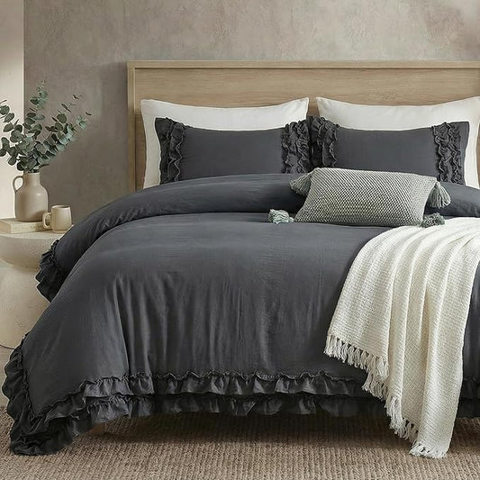 Dark Grey Ruffled Duvet Cover Queen Boho Bedding Set Gary Ruffle Fringe Shabby Chic Bedding Super Soft Cozy Farmhouse Duvet Cover Set for All Season