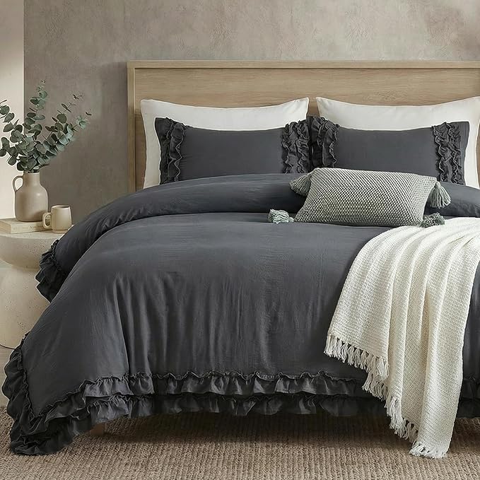 Dark Grey Ruffled Duvet Cover King Boho Bedding Set Gary Ruffle Fringe Shabby Chic Bedding Super Soft Cozy Farmhouse Duvet Cover Set for All Season