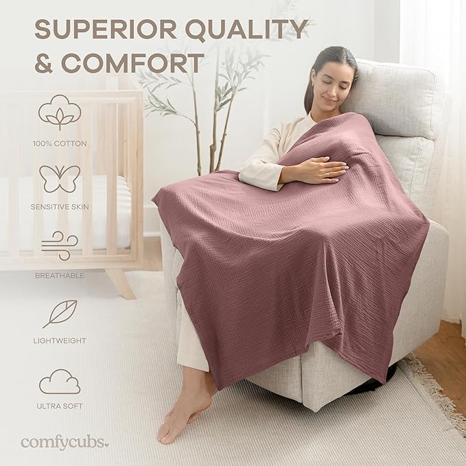 Comfy Cubs Muslin Swaddle Blankets Pack of 3, 42 x 42 Inch Soft 100% Cotton Baby Blanket Set, Large Wraps for Newborns - Self-Soothing Swaddles for Newborns - Cream, Blush, Mauve