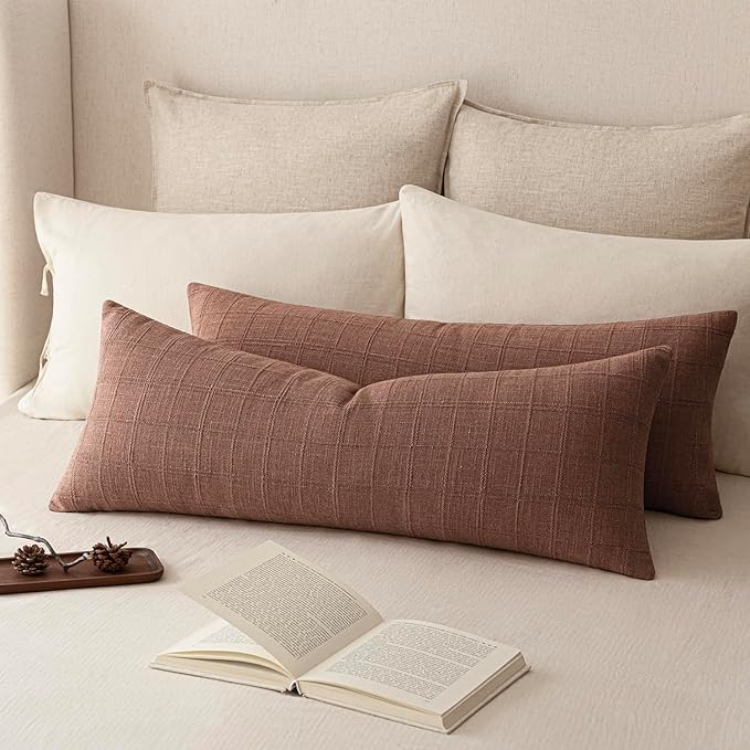Foindtower Set of 2 Decorative Linen Check Throw Pillow Covers Neutral Farmhouse Vintage Cushion Covers Cozy Modern Boho Home Decor for Sofa Chair Couch Bedroom Living Room,14×36 Inch,Autumnal Red