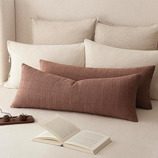 Foindtower Set of 2 Decorative Linen Check Throw Pillow Covers Neutral Farmhouse Vintage Cushion Covers Cozy Modern Boho Home Decor for Sofa Chair Couch Bedroom Living Room,14×36 Inch,Autumnal Red