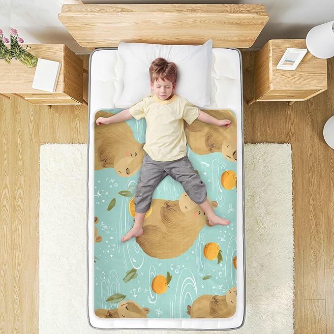 Waterproof Bed Pad Reusable Changing Pad Toddler Mattress Protector Large Pee Pad Baby Diaper Pad Soft Washable Liner Light Blue Capybaras Orange and Water Ripples