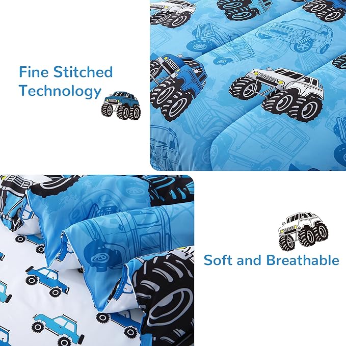 Mooreeke Kids Twin Comforter Sets for Boys 6 Pieces Truck Blue Bedding Set for Teens Soft Microfiber Kids Bed in A Bag with Comforter, Sheet Set, Shams and Decorative Toy Pillow All Season