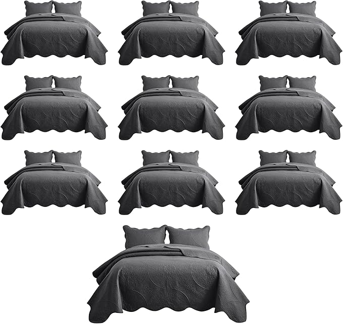 IR Imperial Rooms 10 Pack Twin Quilt Bedding Set (68" x 86") - Bulk Wholesale for Hotels, Guest Bedroom & Airbnbs - Lightweight Microfiber Reversible Floral Embossed Quilts Bedspreads (Charcoal)