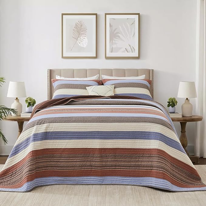 Oversized Queen Quilt Bedspread Coverlet 102x120, 100% Cotton Extra Large Quilt with Pillow Shams, Soft Yarn Dyed Multicolor Striped Bedding Set, Brown/Beige/Blue