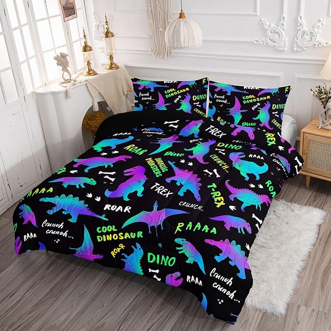 Axolotl Cartoon Dinosaur Bedding Set,Queen Size Kids Bed Set,Gradient Dinosaur Comforter Set,1 Quilt with 2 Pillowcases for Boys Girls Kids Teens Children Adults Room Decor All Season,Black