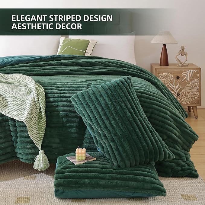 Smoofy Fluffy Twin Comforter Sets 2 Pieces - Dark Green Fleece Fluffy Comforter Set, Luxury Fuzzy Twin Bedding Set, Soft Warm Comforter All Season, Heavy Faux Fur Comforter with Pillow Cases