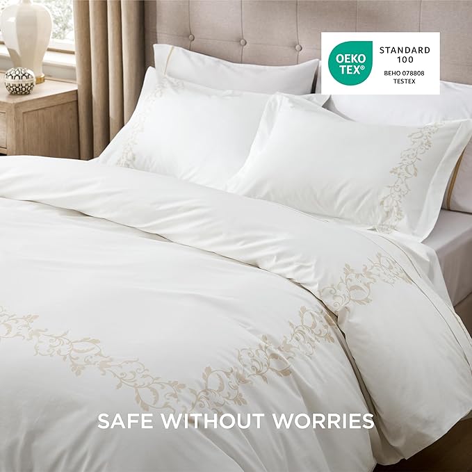 Bedsure Luxury Hotel Duvet Cover Queen Size, 100% White Cotton Curly Frame Bedding Set, Includes 1 Duvet Cover 90x90 Inches with Zipper Closure & 2 Pillow Shams, Comforter Sold Separately
