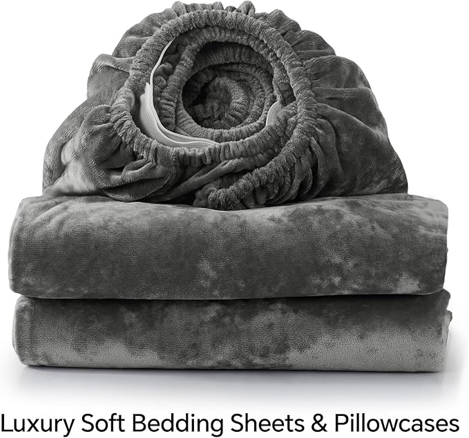 BEDELITE Velvet Fitted Sheet and Pillowcases Set, Luxury Soft Fuzzy Bottom Sheet with Reinforced Elastic Corner Straps, Deep Pocket up to 15 Inch, 1 Fitted Sheet and 2 Pillowcases (Queen, Grey)