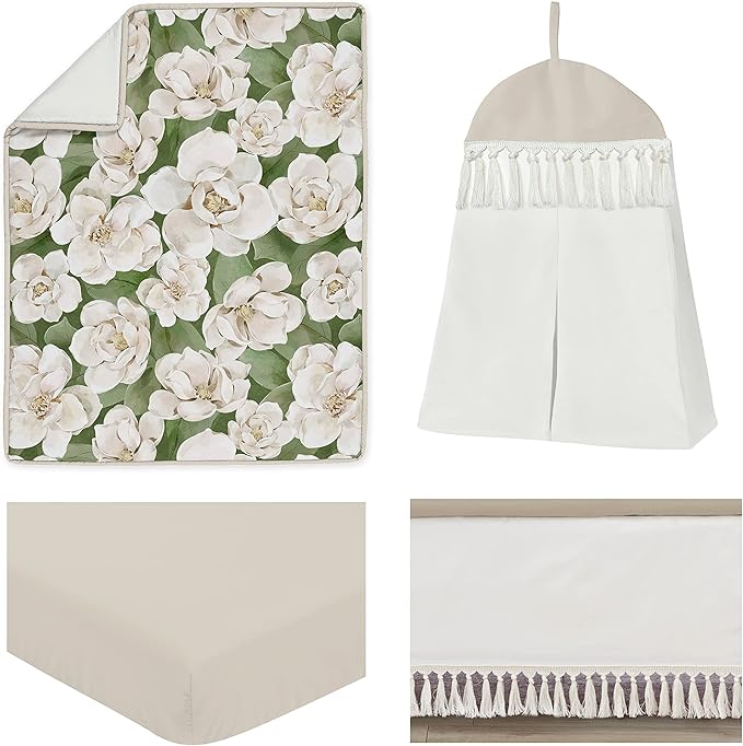 Sweet Jojo Designs Sage Green Boho Flower Floral Girl Baby Crib Bedding Set Infant Nursery Room Blanket Fitted Sheet Skirt Ivory Shabby Chic Bohemian Watercolor Garden Nature Modern Beige Fringe 4pc