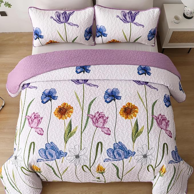 WONGS BEDDING Purple Quilt Set King,3 Pieces Purple Blue Floral Bedspread Coverlet Set, Lightweight Spring Farmhouse Cute Botanical Quilts Bedding Set (104"x90")